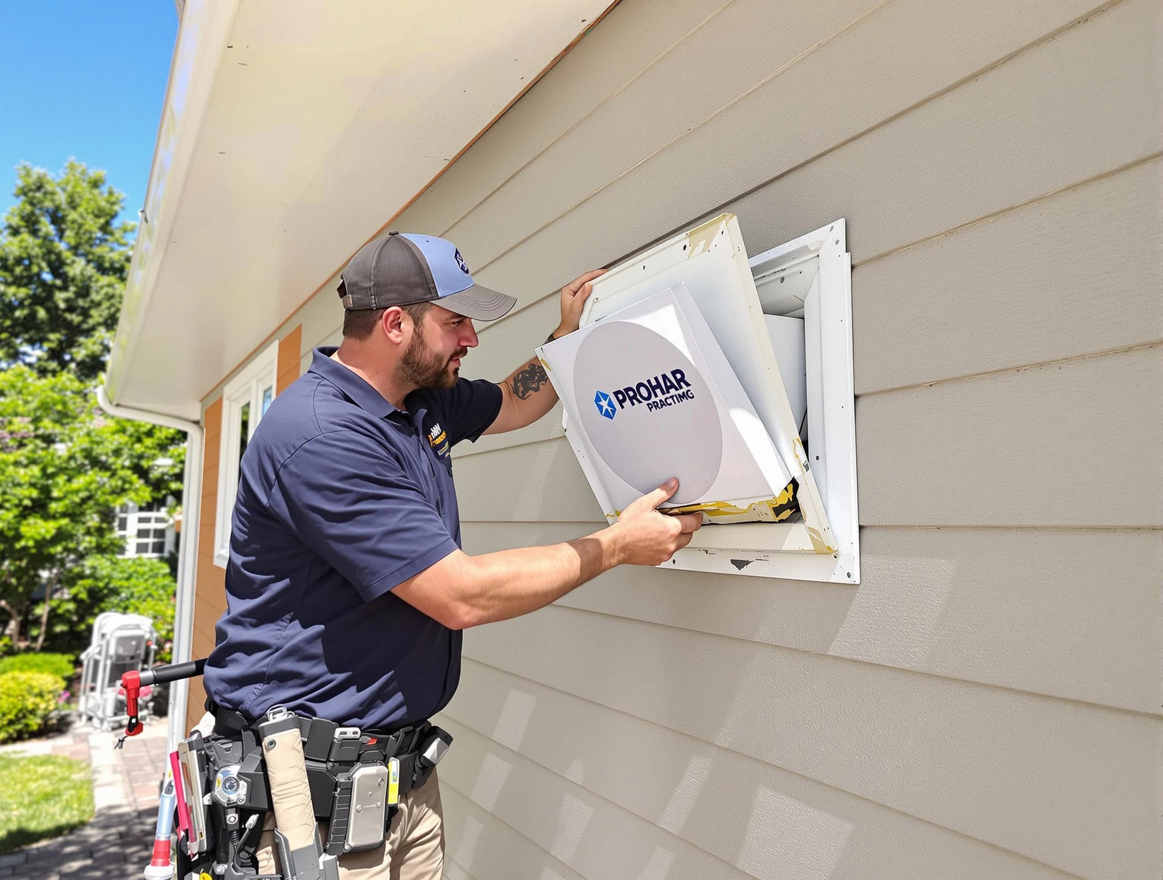 Scottdale Dryer Vent Cleaning technician installing a new protective dryer vent cover on a home in Scottdale