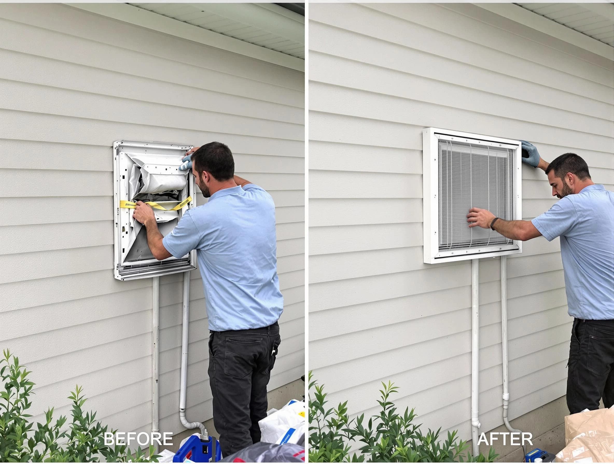 Scottdale Dryer Vent Cleaning technician installing high-quality dryer vent cover at a residential property in Scottdale