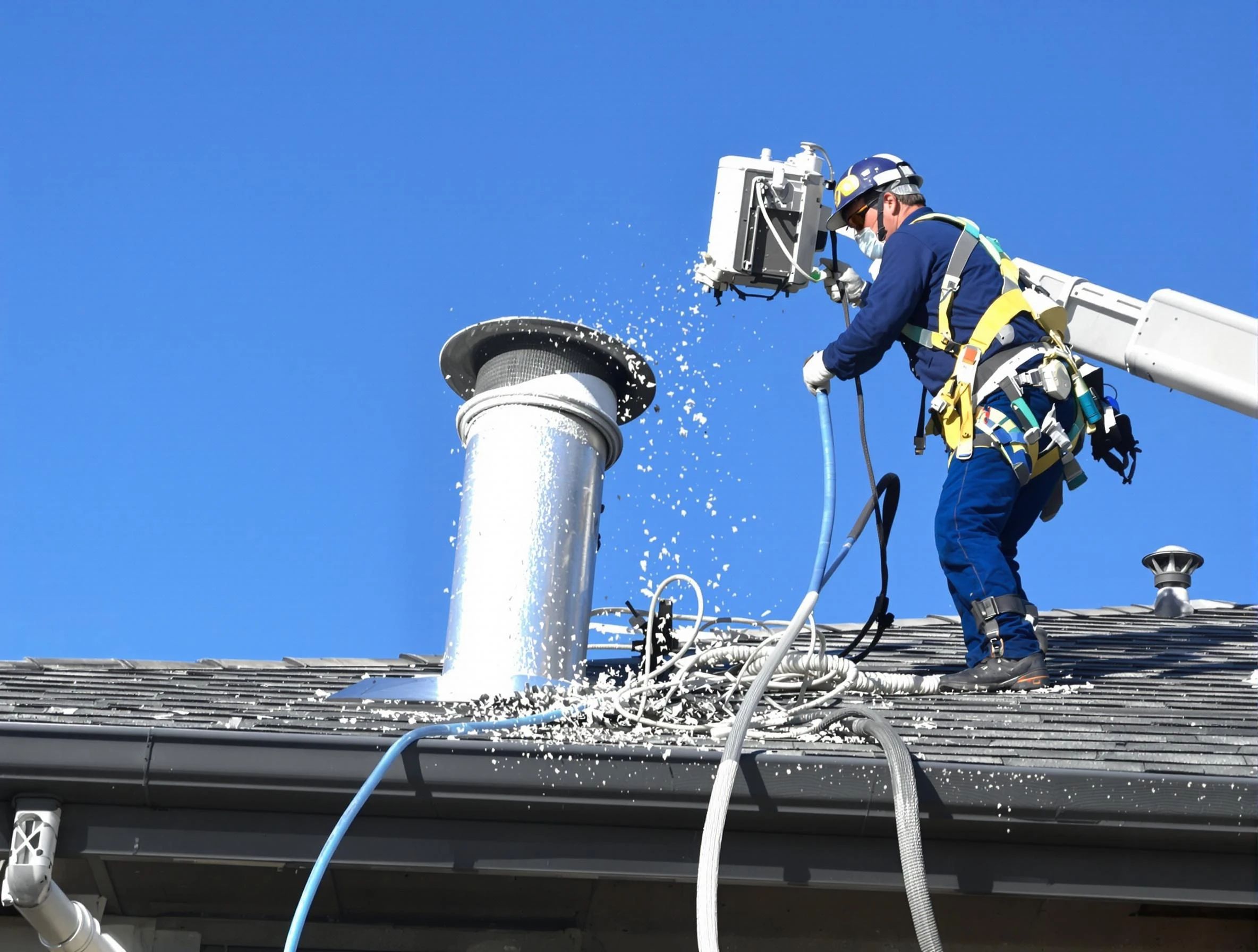 Scottdale Dryer Vent Cleaning certified technician safely cleaning a roof-mounted dryer vent in Scottdale